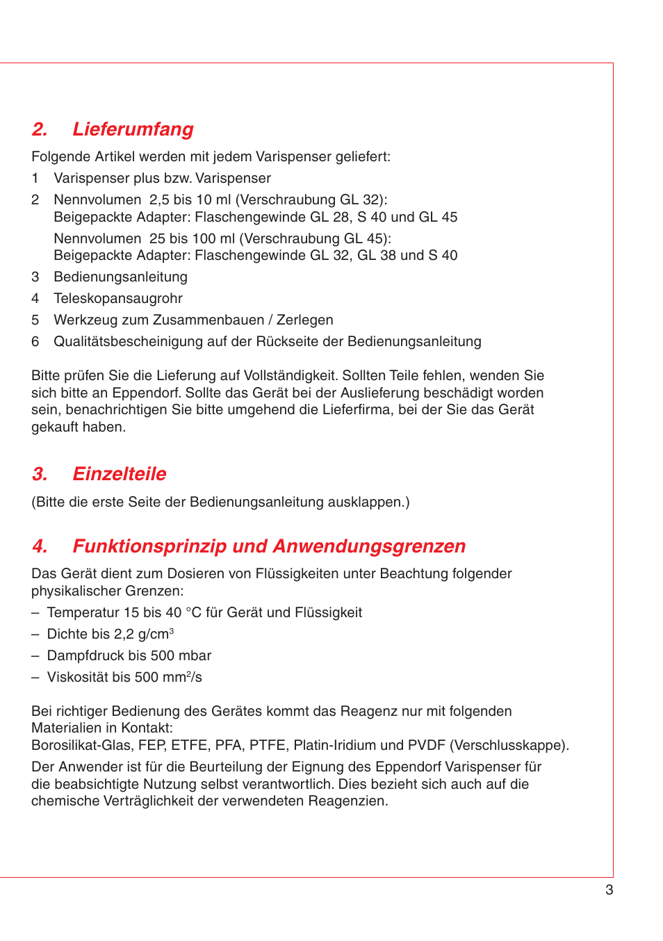 Lieferumfang, Einzelteile, Funktionsprinzip und anwendungsgrenzen | Eppendorf Varispenser 4962 User Manual | Page 9 / 110