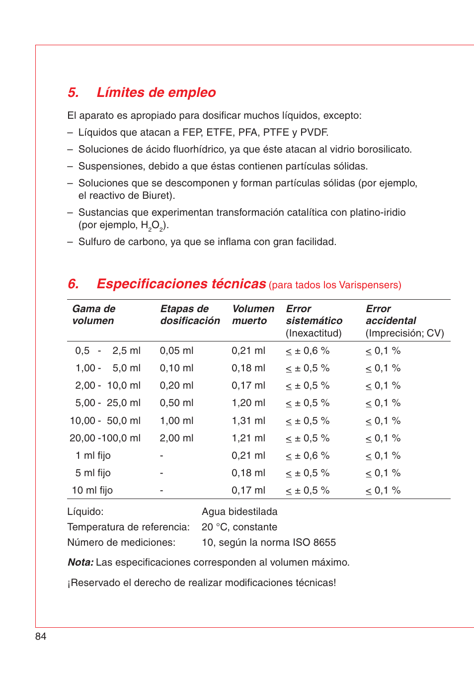 Especificaciones técnicas, Límites de empleo | Eppendorf Varispenser 4962 User Manual | Page 90 / 110