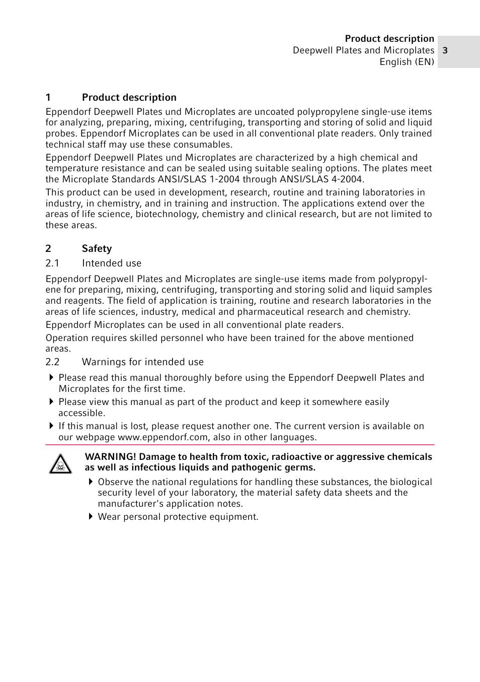 1 product description, 2 safety, 1 intended use | 2 warnings for intended use | Eppendorf Deepwell Plate User Manual | Page 3 / 12