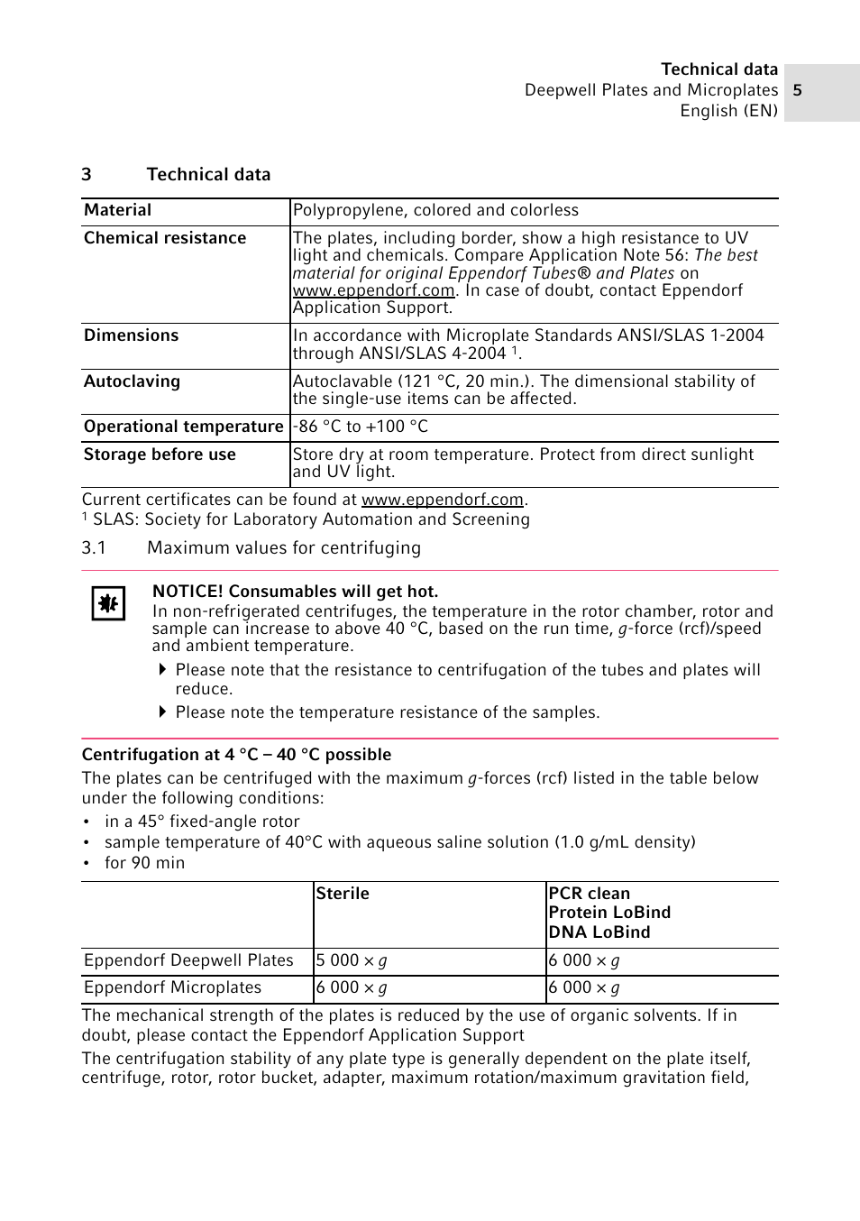3 technical data, 1 maximum values for centrifuging | Eppendorf Deepwell Plate User Manual | Page 5 / 12