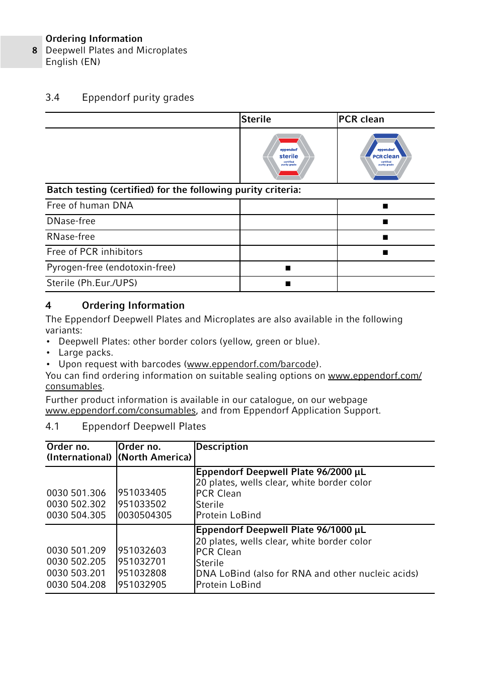 4 eppendorf purity grades, 4 ordering information, 1 eppendorf deepwell plates | Eppendorf Deepwell Plate User Manual | Page 8 / 12