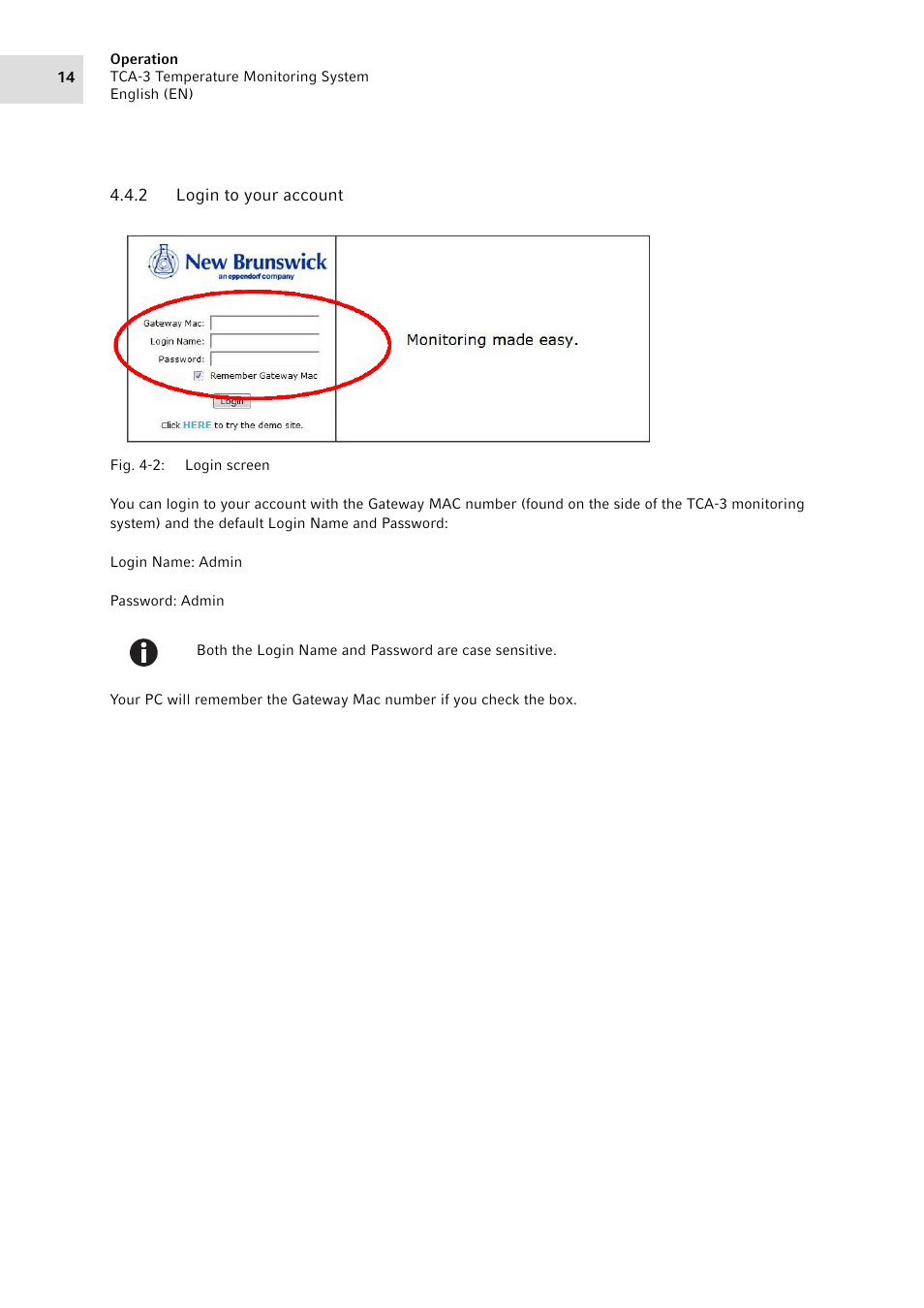 2 login to your account, Login to your account | Eppendorf TCA-3 Temperature Monitoring System User Manual | Page 14 / 50