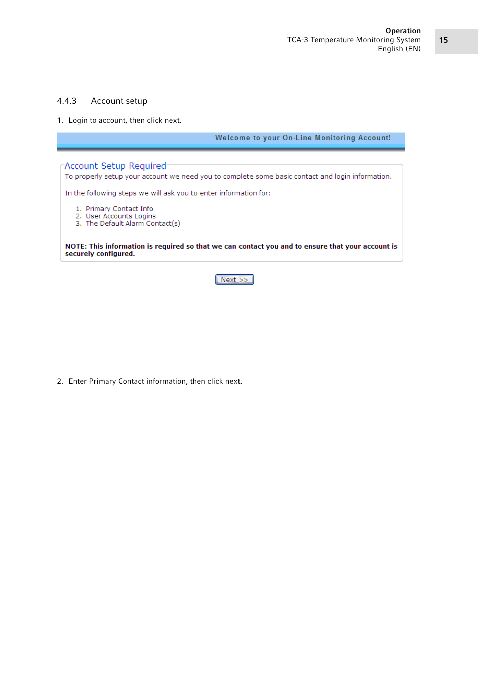 3 account setup, Account setup | Eppendorf TCA-3 Temperature Monitoring System User Manual | Page 15 / 50