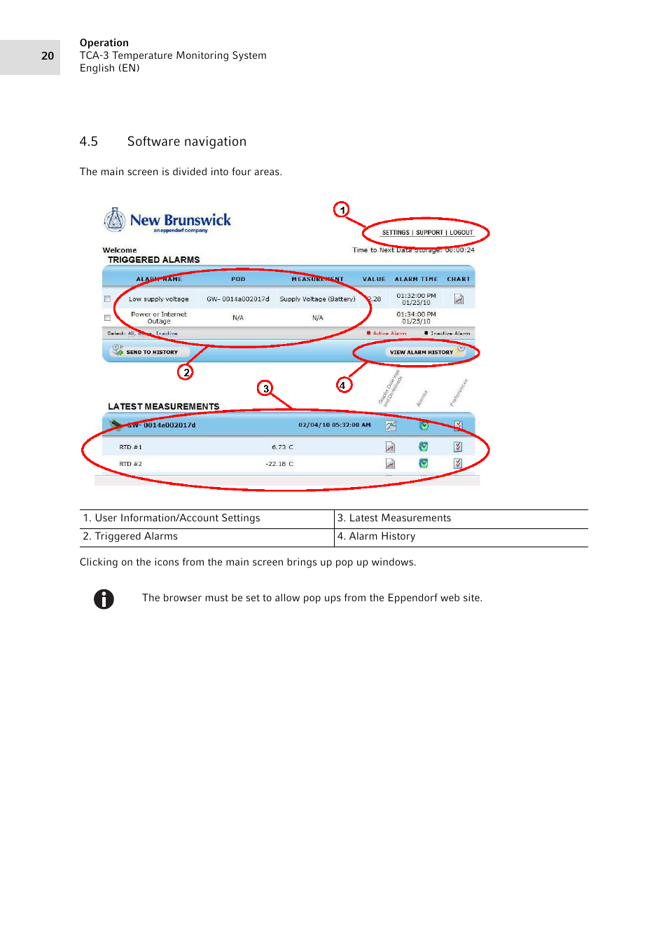 5 software navigation, Software navigation | Eppendorf TCA-3 Temperature Monitoring System User Manual | Page 20 / 50