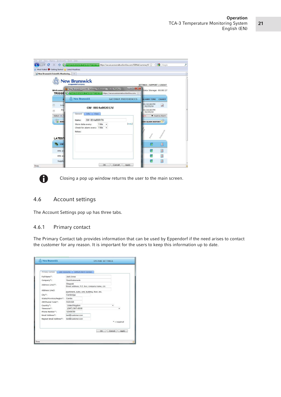 6 account settings, 1 primary contact, Account settings 4.6.1 | Primary contact | Eppendorf TCA-3 Temperature Monitoring System User Manual | Page 21 / 50