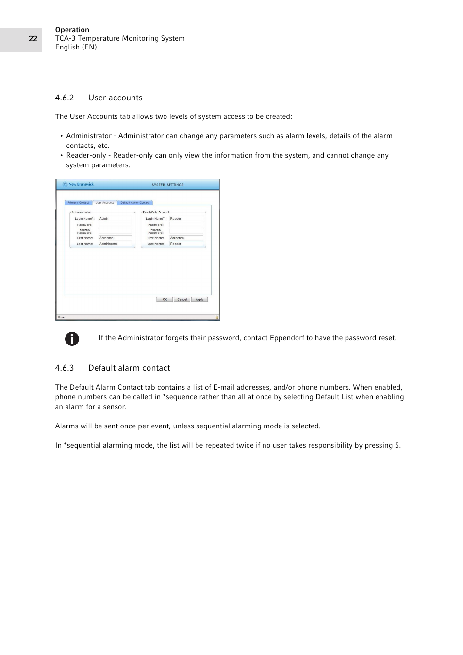 2 user accounts, 3 default alarm contact, User accounts | Default alarm contact | Eppendorf TCA-3 Temperature Monitoring System User Manual | Page 22 / 50