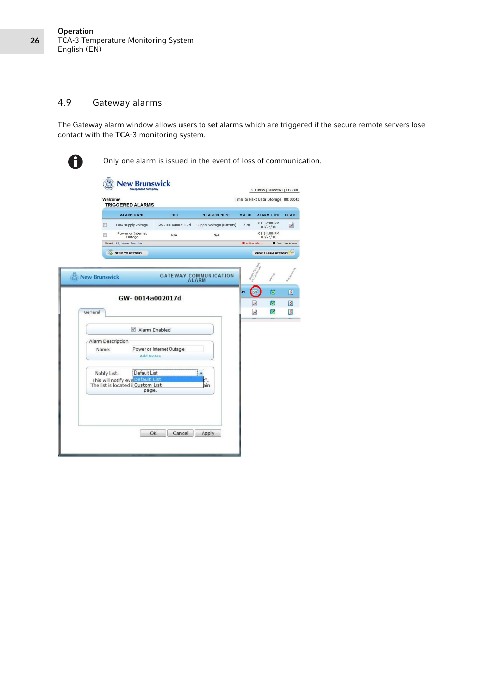 9 gateway alarms, Gateway alarms | Eppendorf TCA-3 Temperature Monitoring System User Manual | Page 26 / 50