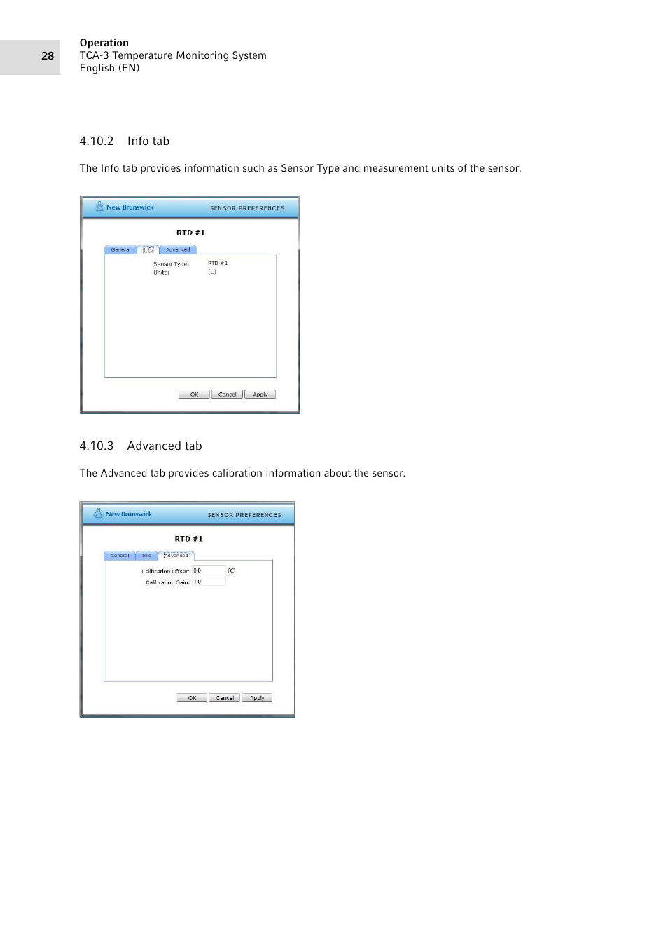 2 info tab, 3 advanced tab, Info tab | Advanced tab | Eppendorf TCA-3 Temperature Monitoring System User Manual | Page 28 / 50