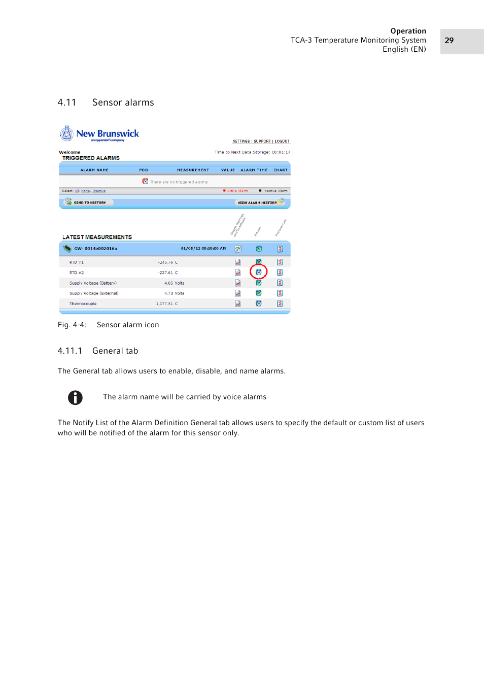 11 sensor alarms, 1 general tab, Sensor alarms 4.11.1 | General tab | Eppendorf TCA-3 Temperature Monitoring System User Manual | Page 29 / 50