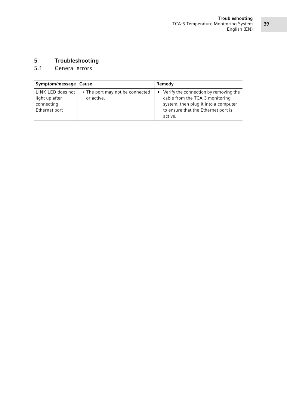 5 troubleshooting, 1 general errors, Troubleshooting 5.1 | General errors | Eppendorf TCA-3 Temperature Monitoring System User Manual | Page 39 / 50