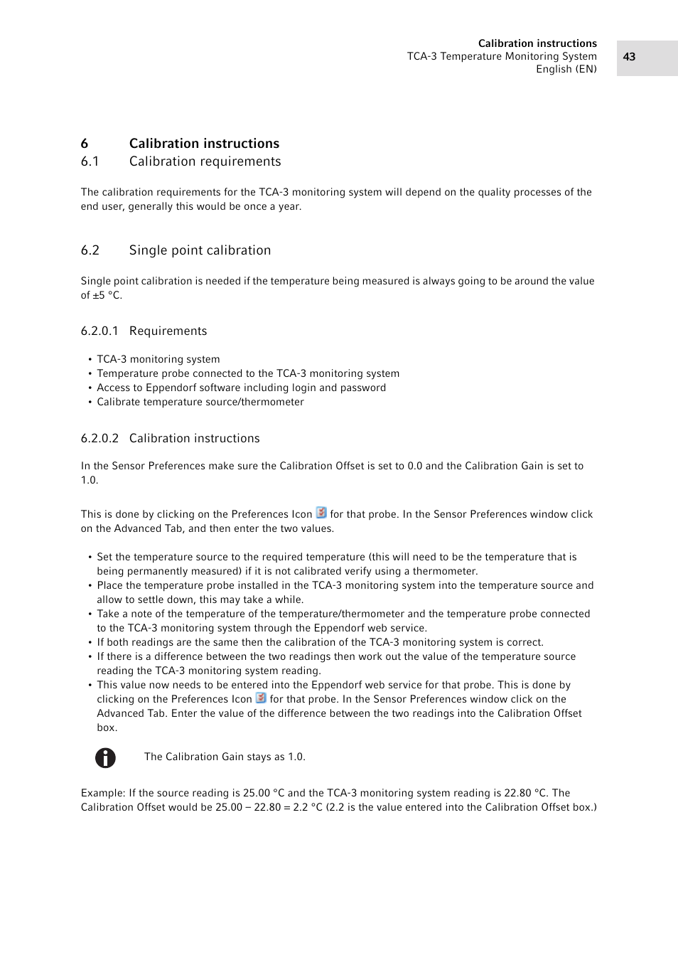 6 calibration instructions, 1 calibration requirements, 2 single point calibration | Calibration instructions 6.1, Calibration requirements, Single point calibration | Eppendorf TCA-3 Temperature Monitoring System User Manual | Page 43 / 50