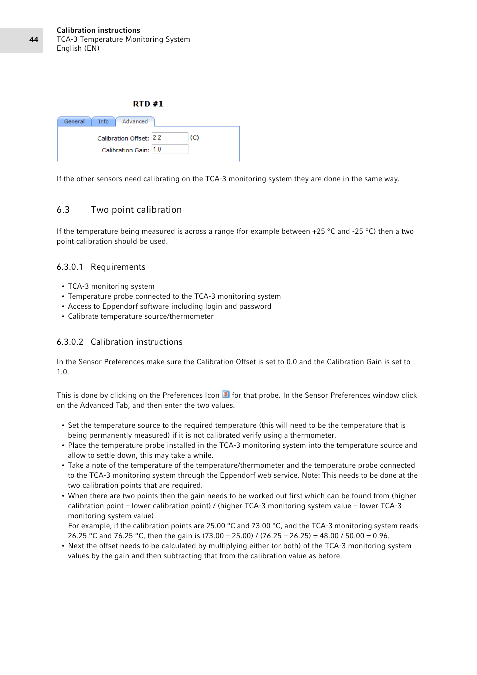 3 two point calibration, Two point calibration | Eppendorf TCA-3 Temperature Monitoring System User Manual | Page 44 / 50
