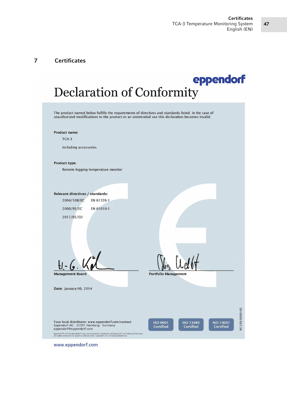 7 certificates, Certificates | Eppendorf TCA-3 Temperature Monitoring System User Manual | Page 47 / 50