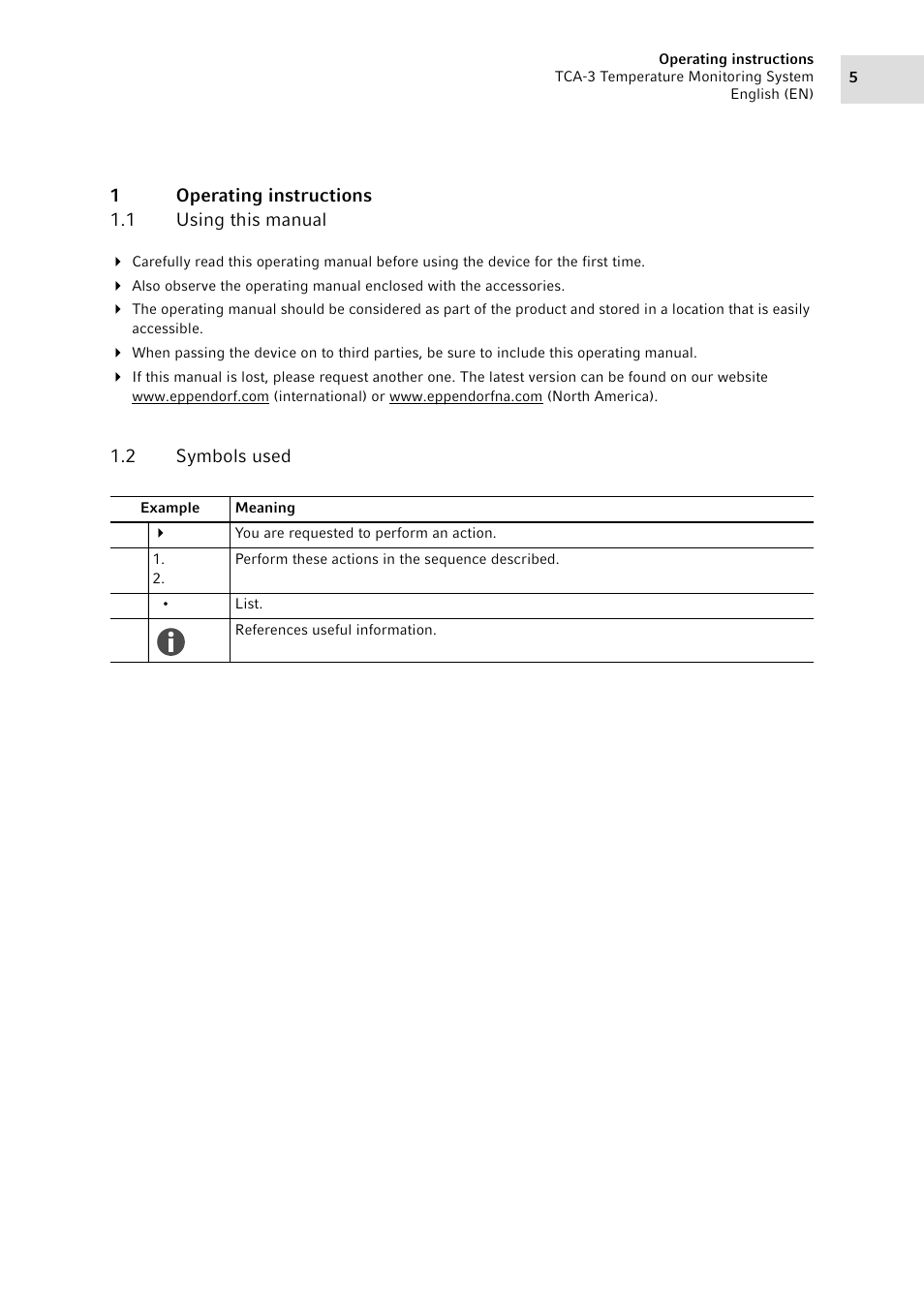 1 operating instructions, 1 using this manual, 2 symbols used | Operating instructions 1.1, Using this manual, Symbols used | Eppendorf TCA-3 Temperature Monitoring System User Manual | Page 5 / 50