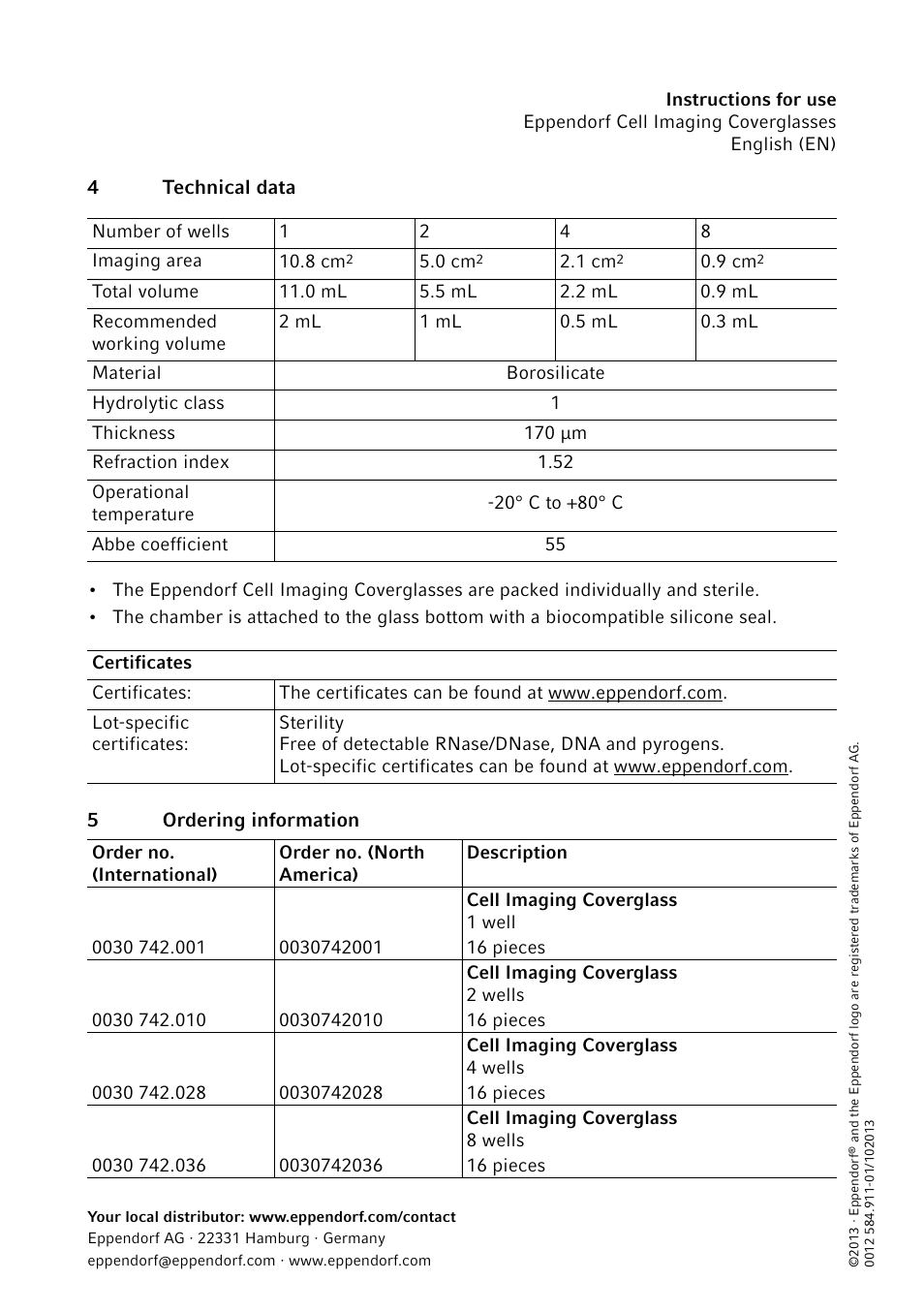 4 technical data, 5 ordering information | Eppendorf Cell Imagine Coverglasses User Manual | Page 3 / 3