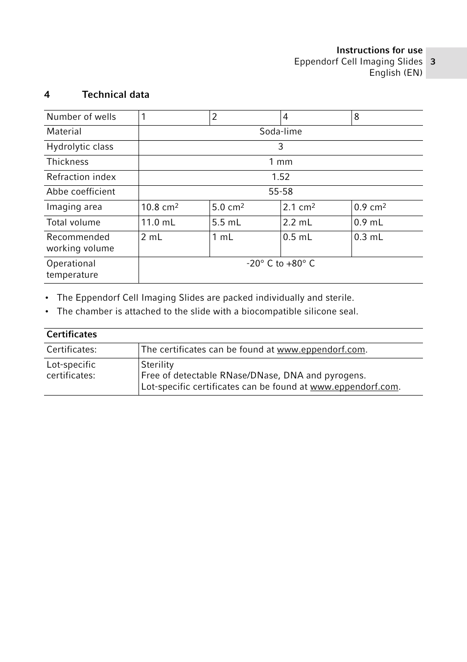 4 technical data | Eppendorf Cell Imagine Slides User Manual | Page 3 / 4