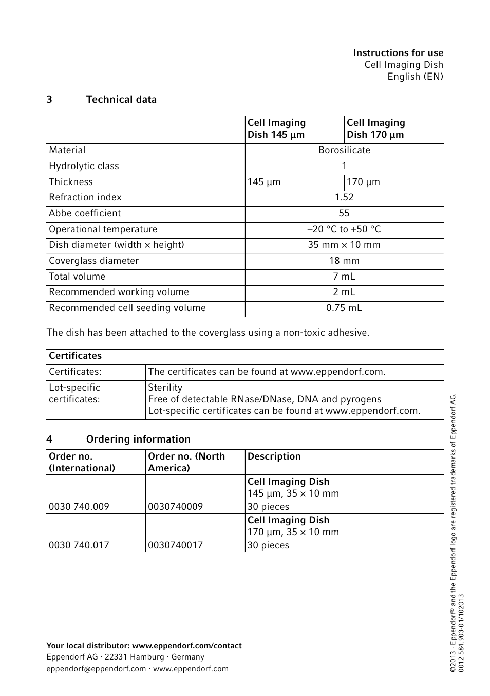 3 technical data, 4 ordering information | Eppendorf Cell Imagine Dishes User Manual | Page 3 / 3