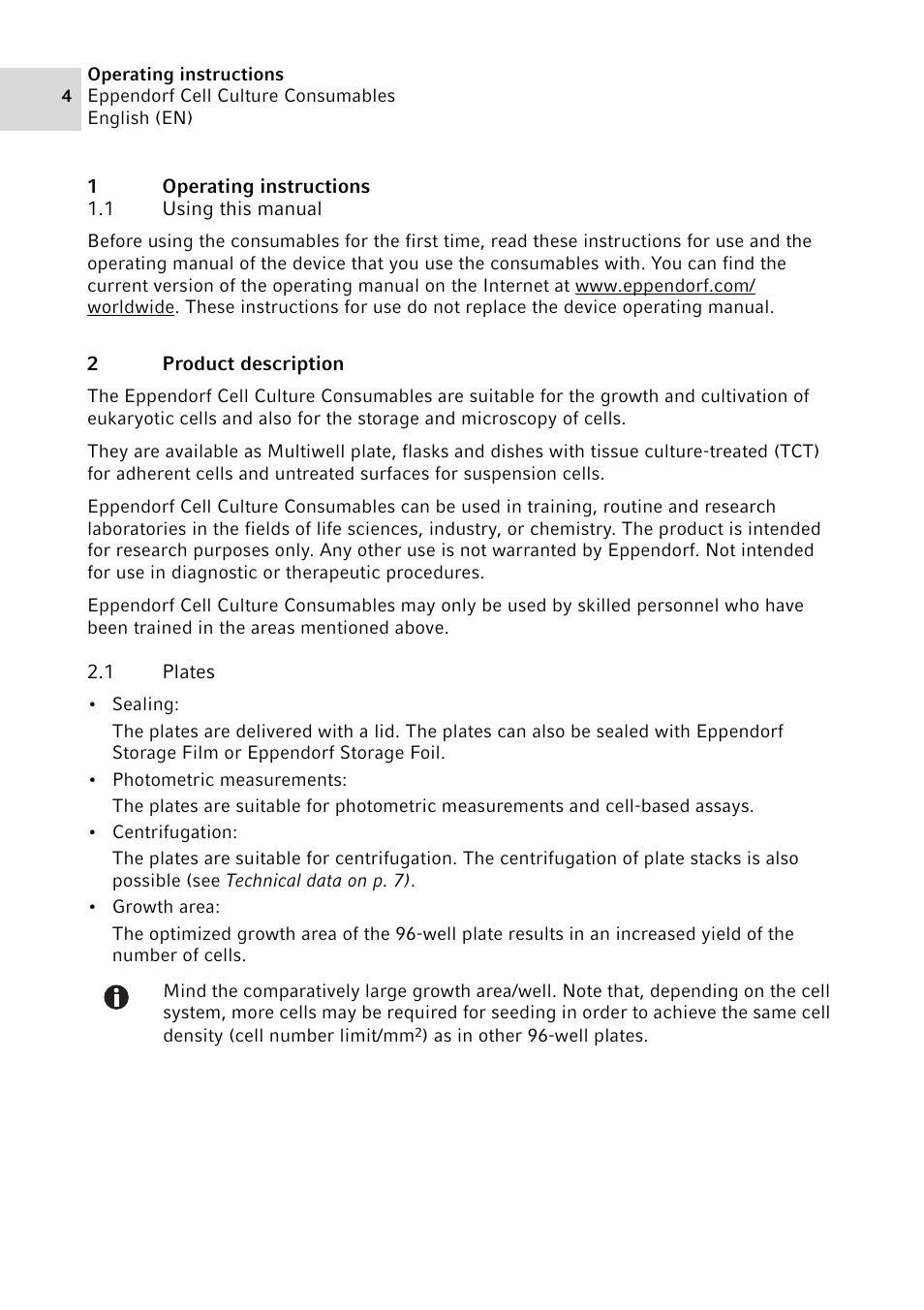 1 operating instructions, 1 using this manual, 2 product description | 1 plates, Operating instructions, Using this manual, Product description, Plates | Eppendorf Cell Culture Consumables User Manual | Page 4 / 12