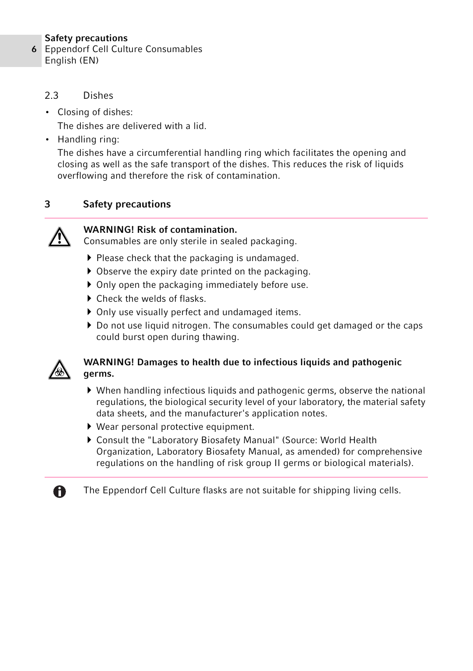 3 dishes, 3 safety precautions, Dishes | Safety precautions | Eppendorf Cell Culture Consumables User Manual | Page 6 / 12