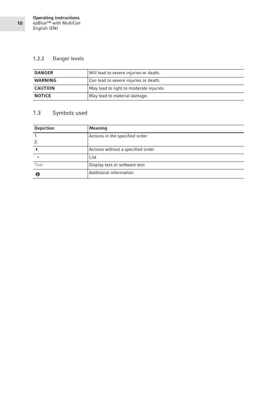 2 danger levels, 3 symbols used, Danger levels | Symbols used | Eppendorf epBlue with MultiCon User Manual | Page 10 / 180