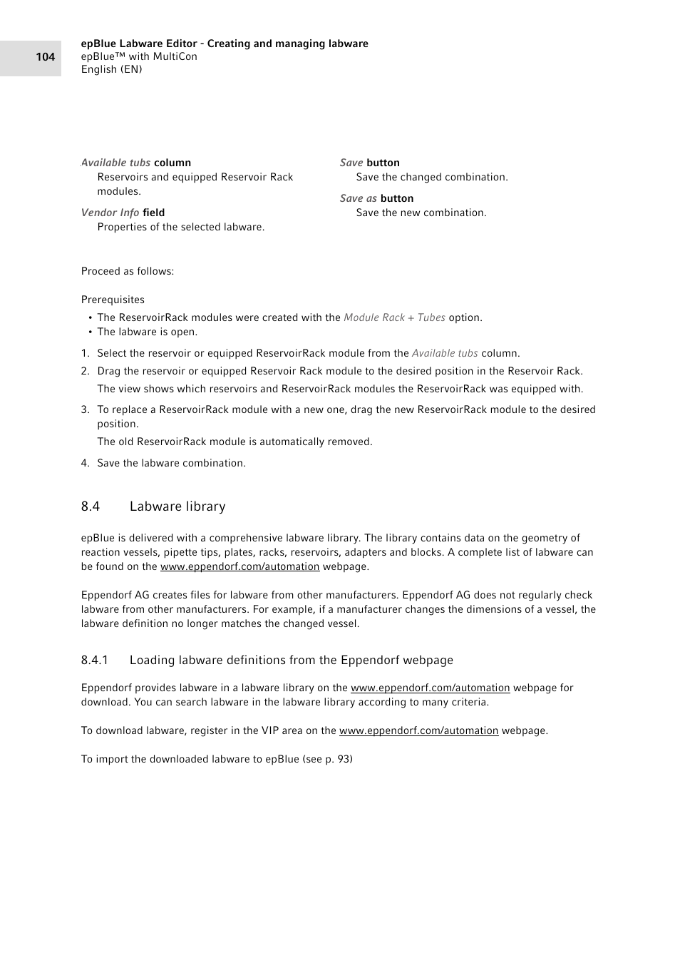 4 labware library, Labware library 8.4.1 | Eppendorf epBlue with MultiCon User Manual | Page 104 / 180