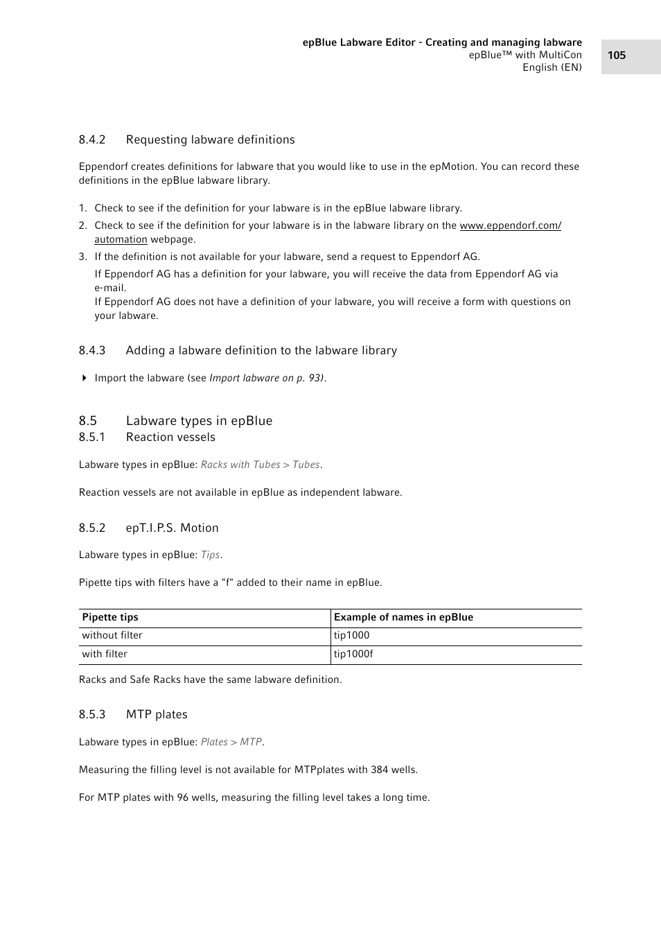 2 requesting labware definitions, 5 labware types in epblue, 1 reaction vessels | 2 ept.i.p.s. motion, 3 mtp plates, Requesting labware definitions, Adding a labware definition to the labware library, Labware types in epblue 8.5.1, Reaction vessels, Ept.i.p.s. motion | Eppendorf epBlue with MultiCon User Manual | Page 105 / 180