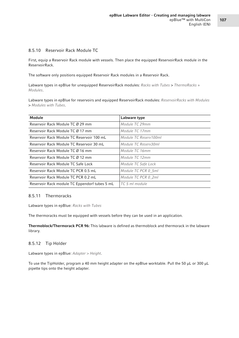 10 reservoir rack module tc, 11 thermoracks, 12 tip holder | Reservoir rack module tc, Thermoracks, Tip holder | Eppendorf epBlue with MultiCon User Manual | Page 107 / 180