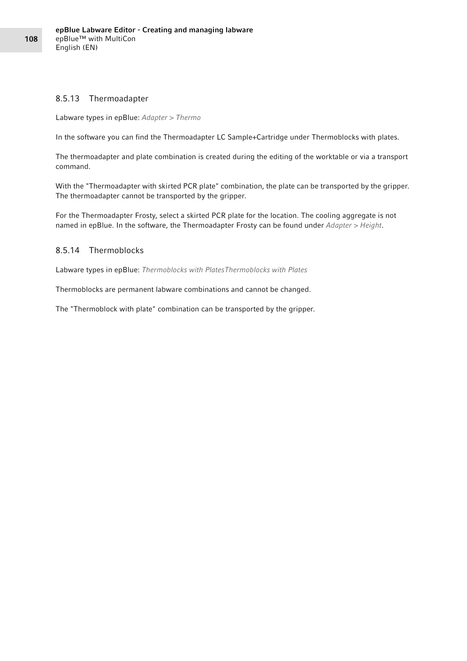 13 thermoadapter, 14 thermoblocks, Thermoadapter | Thermoblocks | Eppendorf epBlue with MultiCon User Manual | Page 108 / 180