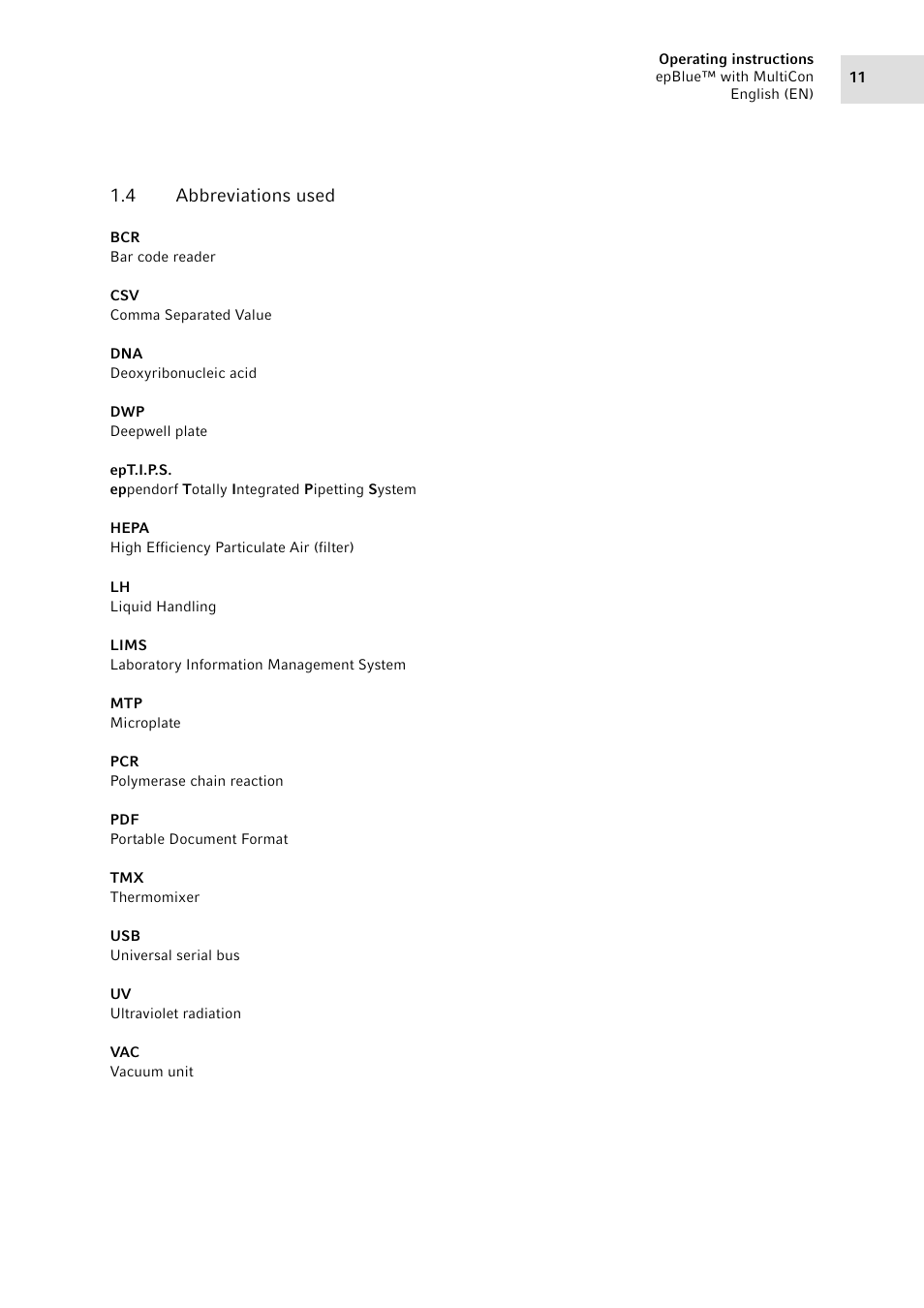 4 abbreviations used, Abbreviations used | Eppendorf epBlue with MultiCon User Manual | Page 11 / 180
