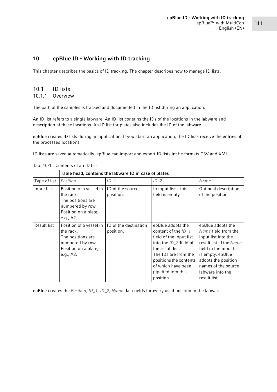 10 epblue id - working with id tracking, 1 id lists, 1 overview | Id lists 10.1.1, Overview | Eppendorf epBlue with MultiCon User Manual | Page 111 / 180