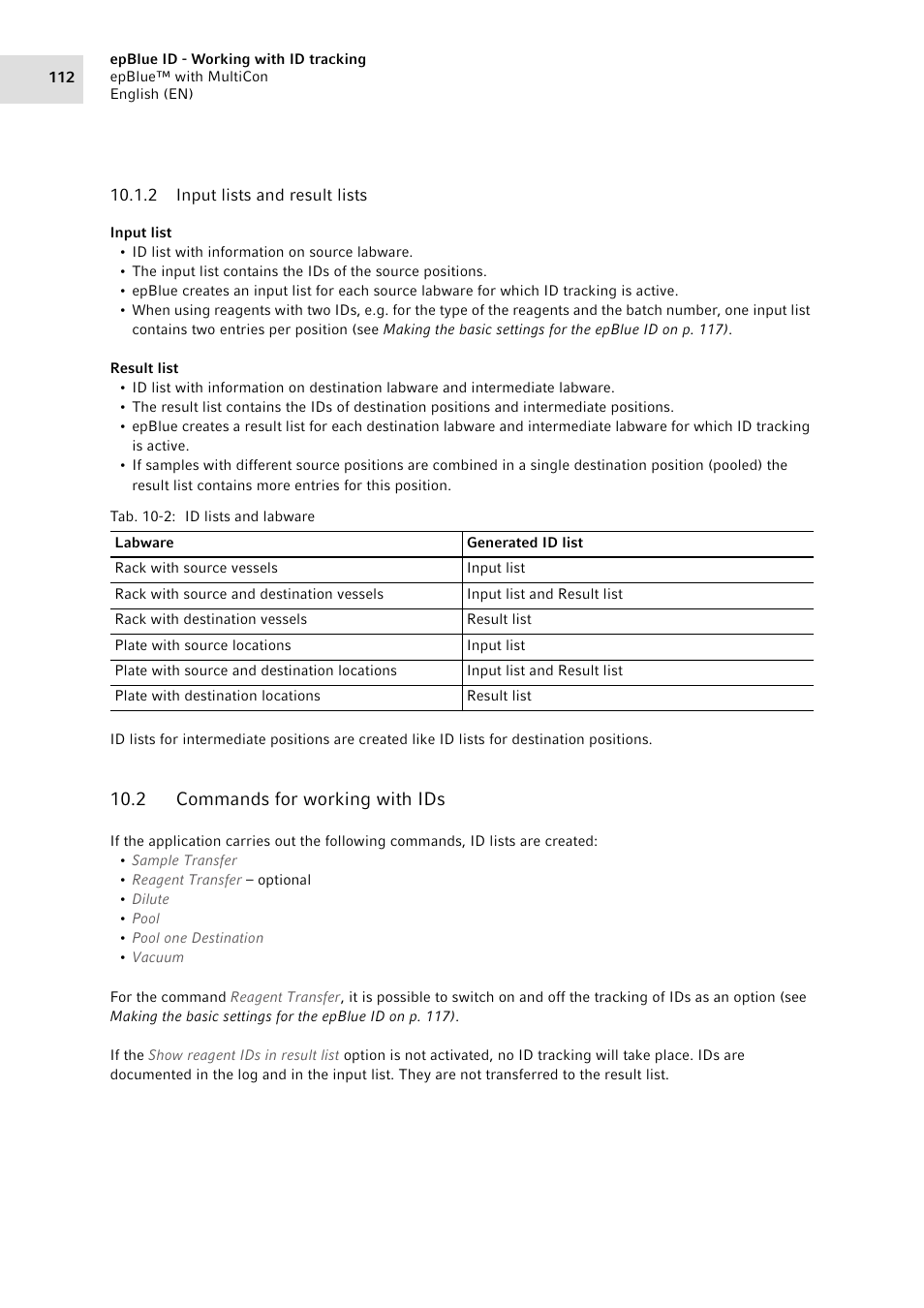 2 input lists and result lists, 2 commands for working with ids, Input lists and result lists | Commands for working with ids | Eppendorf epBlue with MultiCon User Manual | Page 112 / 180