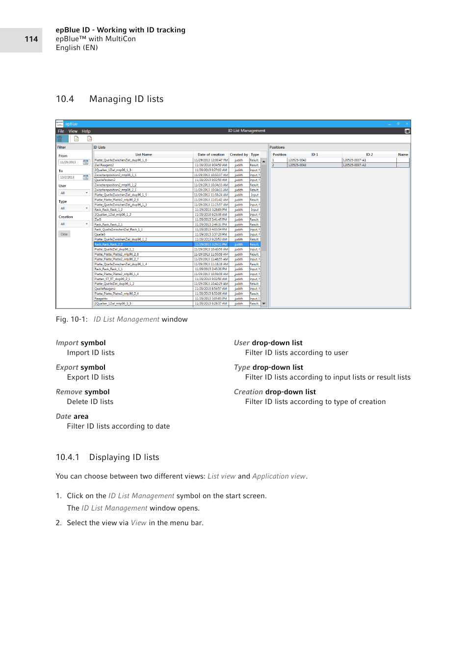 4 managing id lists, 1 displaying id lists, Managing id lists 10.4.1 | Displaying id lists | Eppendorf epBlue with MultiCon User Manual | Page 114 / 180