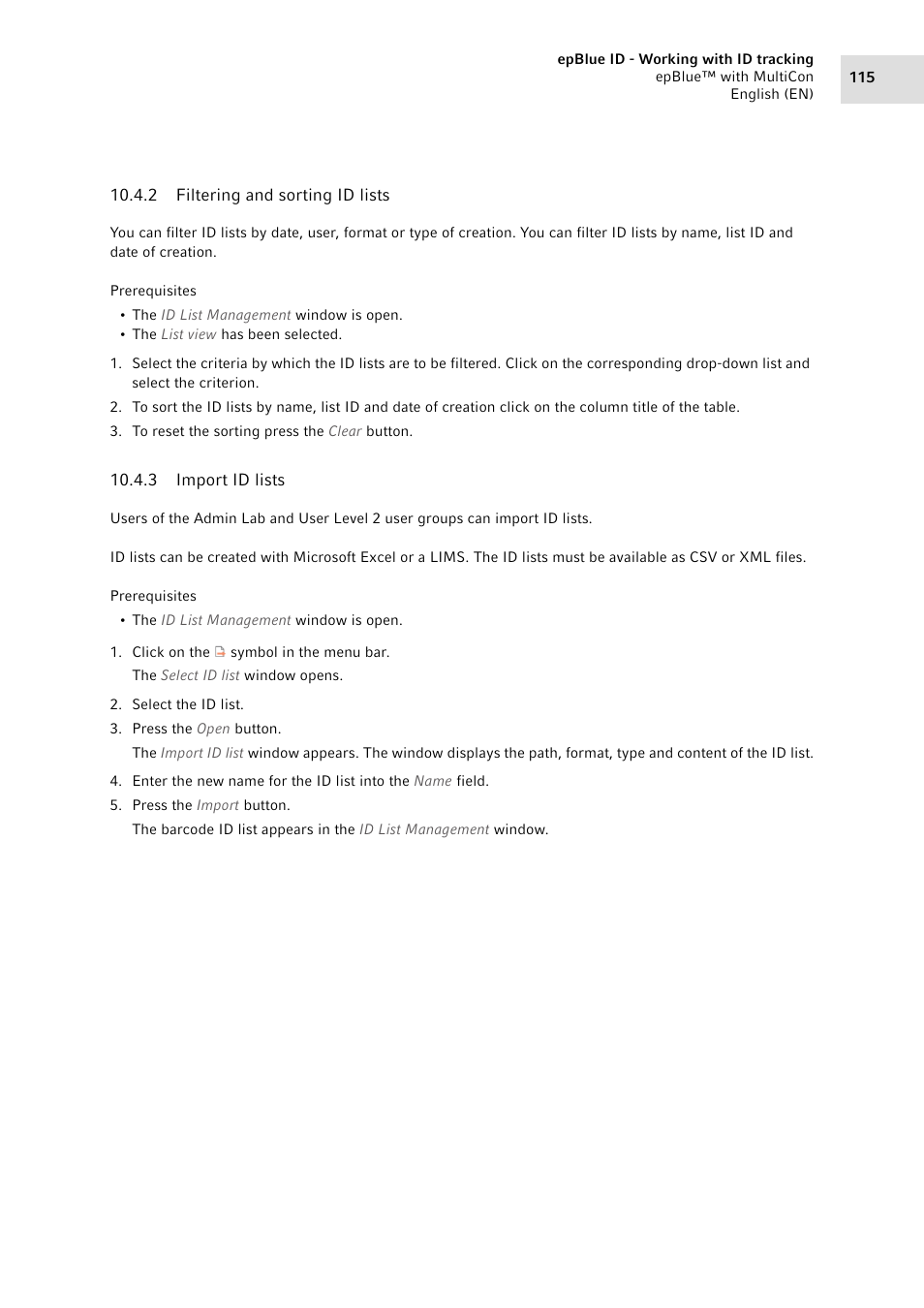 2 filtering and sorting id lists, 3 import id lists, Filtering and sorting id lists | Import id lists | Eppendorf epBlue with MultiCon User Manual | Page 115 / 180