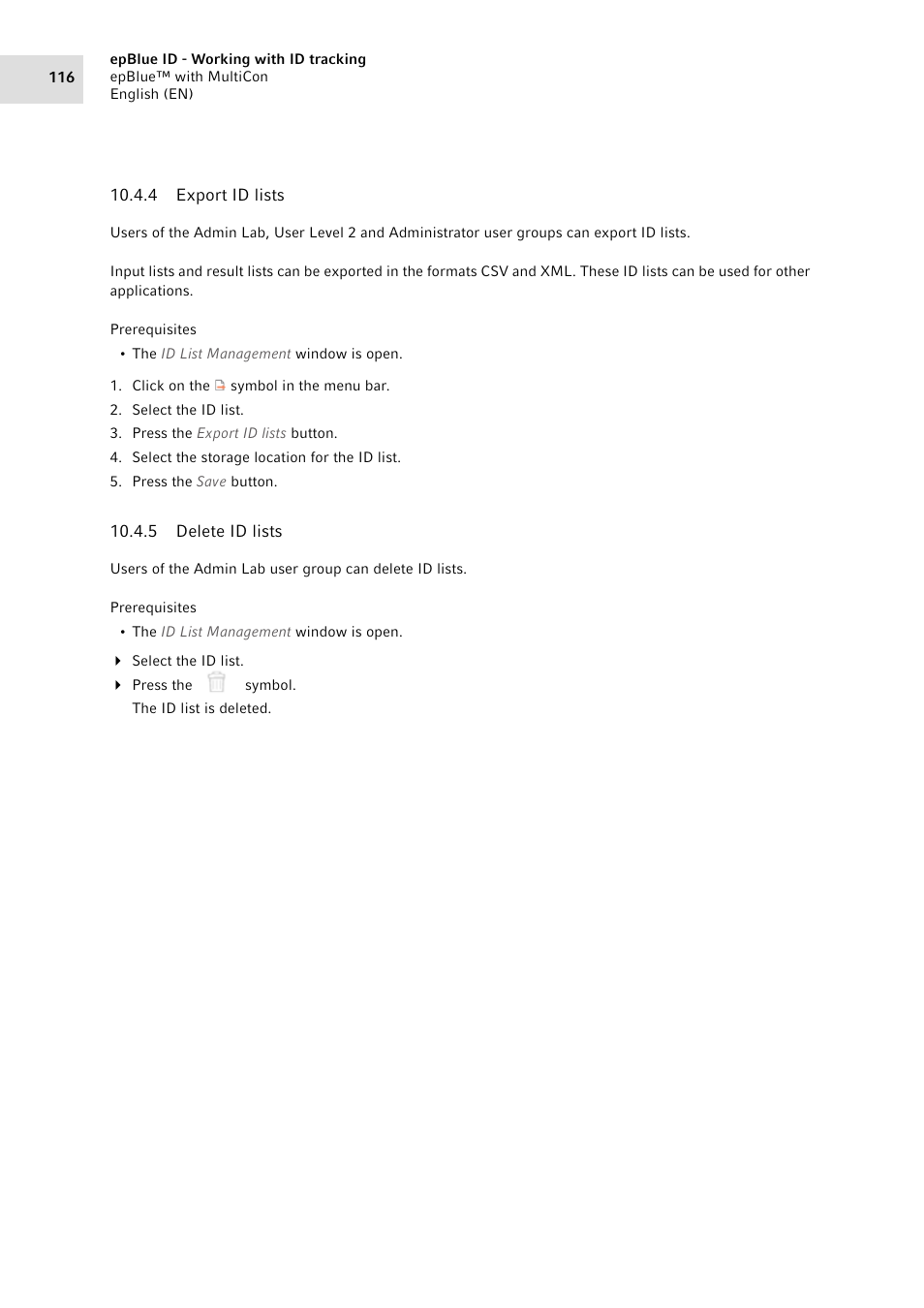 4 export id lists, 5 delete id lists, Export id lists | Delete id lists | Eppendorf epBlue with MultiCon User Manual | Page 116 / 180