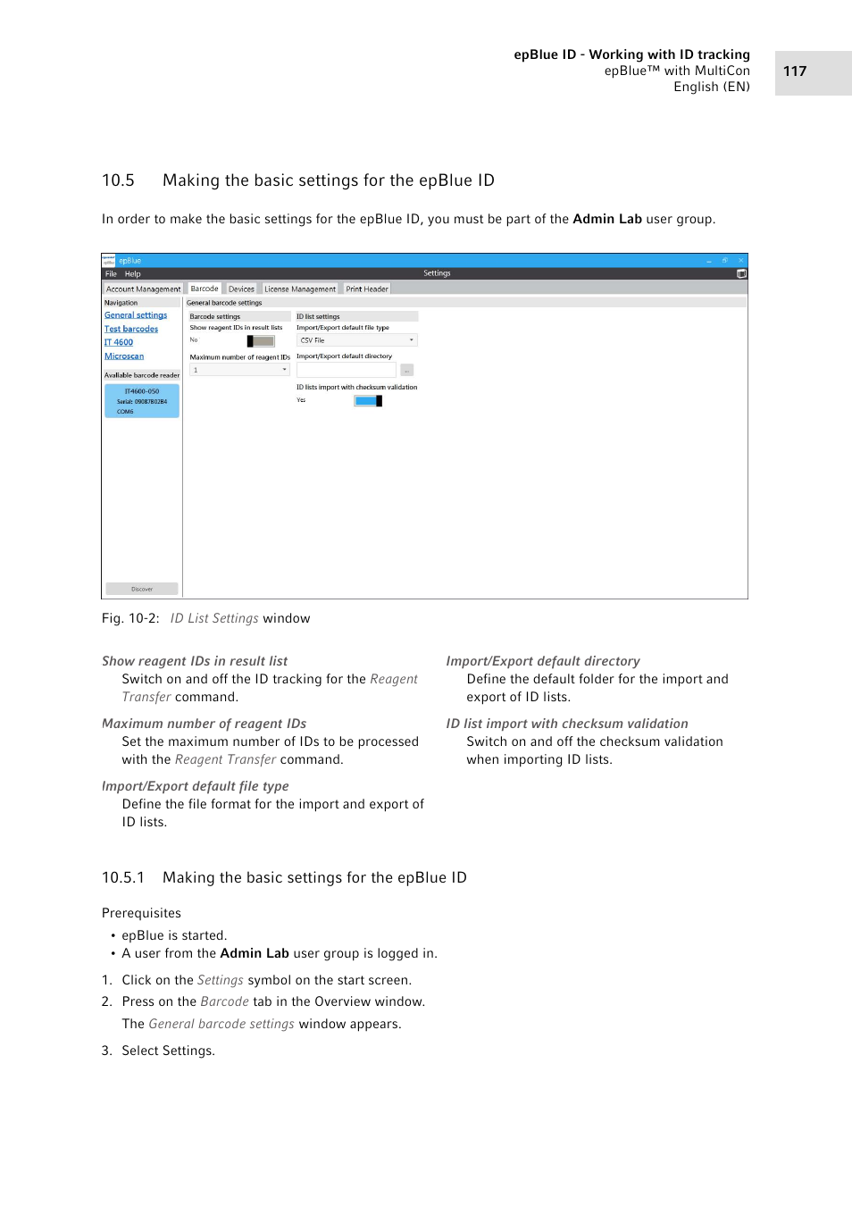 5 making the basic settings for the epblue id, 1 making the basic settings for the epblue id, Making the basic settings for the epblue id 10.5.1 | Making the basic settings for the epblue id | Eppendorf epBlue with MultiCon User Manual | Page 117 / 180
