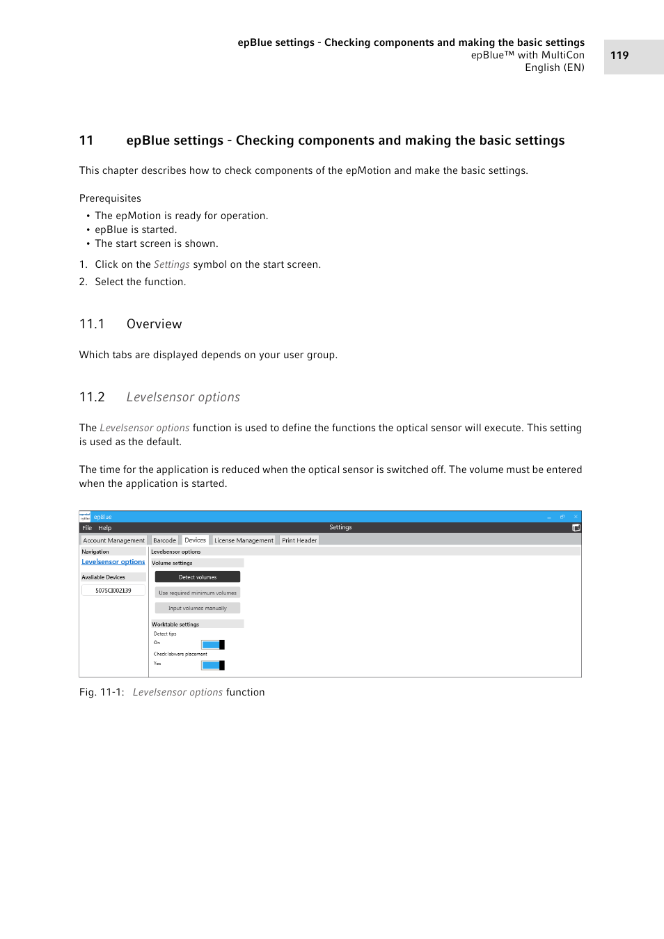 1 overview, 2 levelsensor options, Overview | Levelsensor options | Eppendorf epBlue with MultiCon User Manual | Page 119 / 180