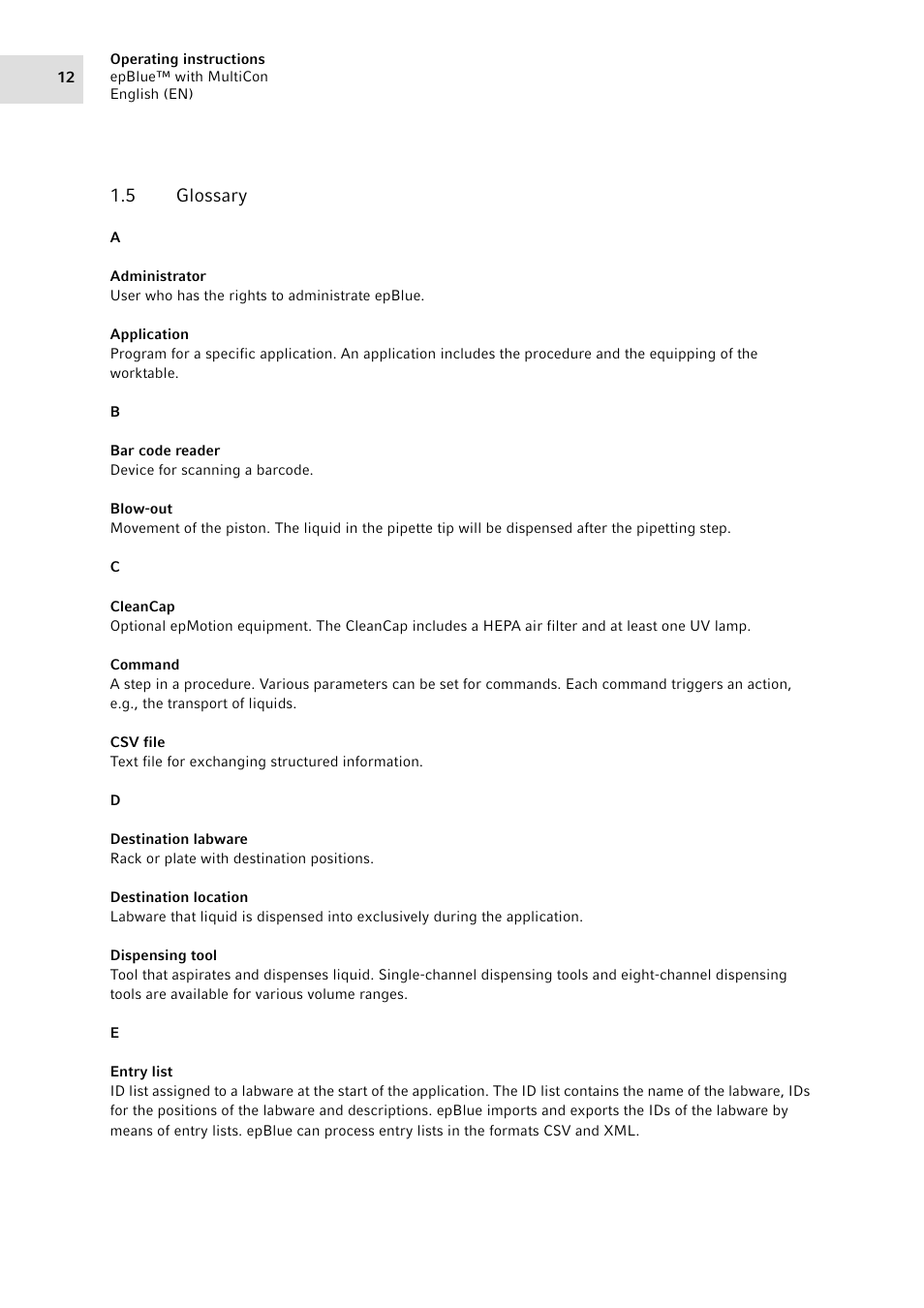 5 glossary, Glossary | Eppendorf epBlue with MultiCon User Manual | Page 12 / 180