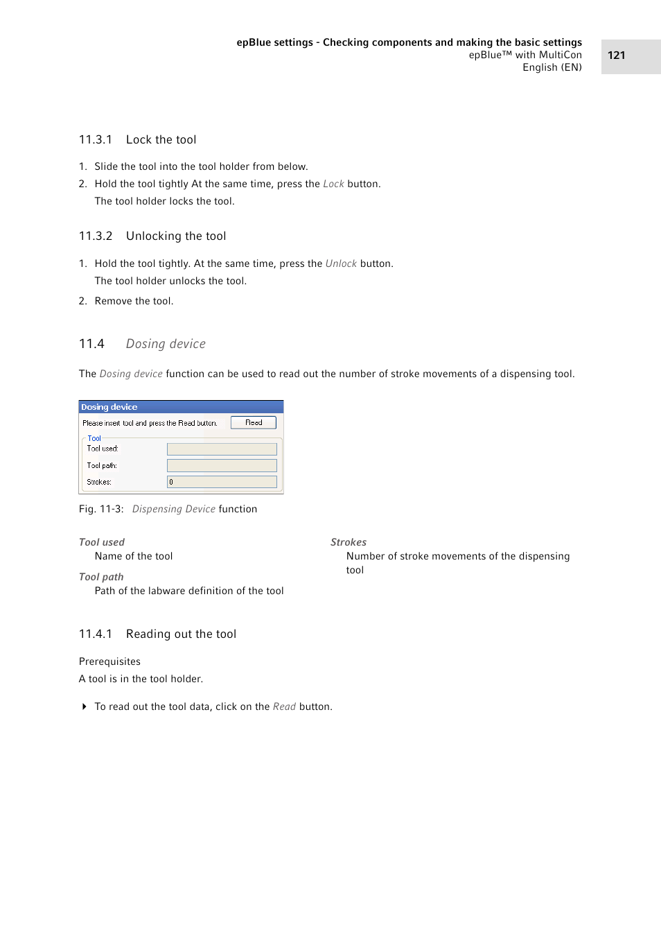 1 lock the tool, 2 unlocking the tool, 4 dosing device | 1 reading out the tool, Lock the tool, Unlocking the tool, Dosing device 11.4.1, Reading out the tool | Eppendorf epBlue with MultiCon User Manual | Page 121 / 180