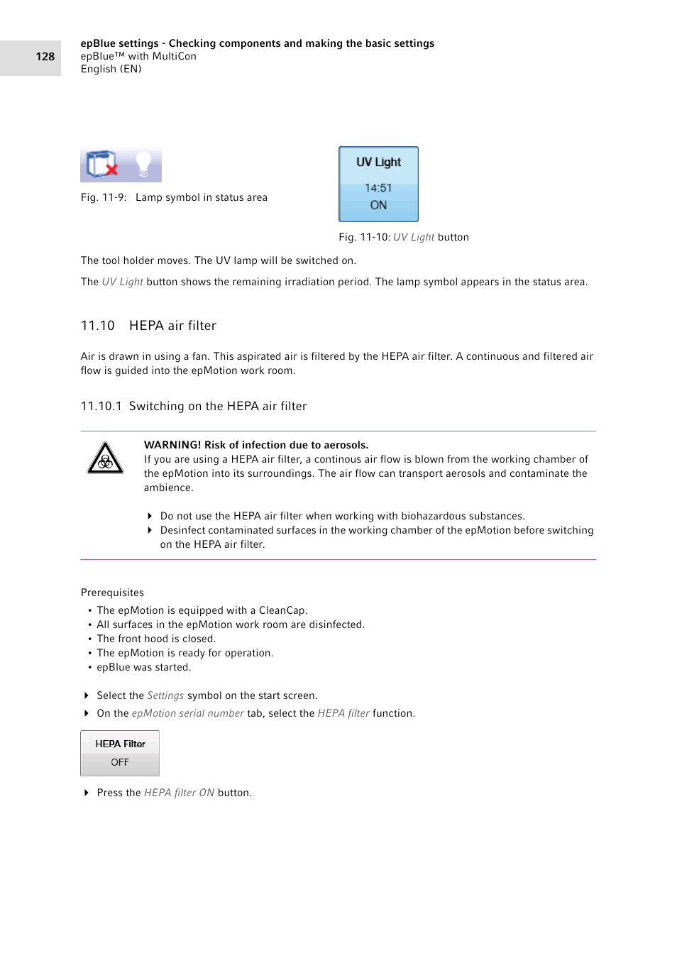 10 hepa air filter, 1 switching on the hepa air filter | Eppendorf epBlue with MultiCon User Manual | Page 128 / 180