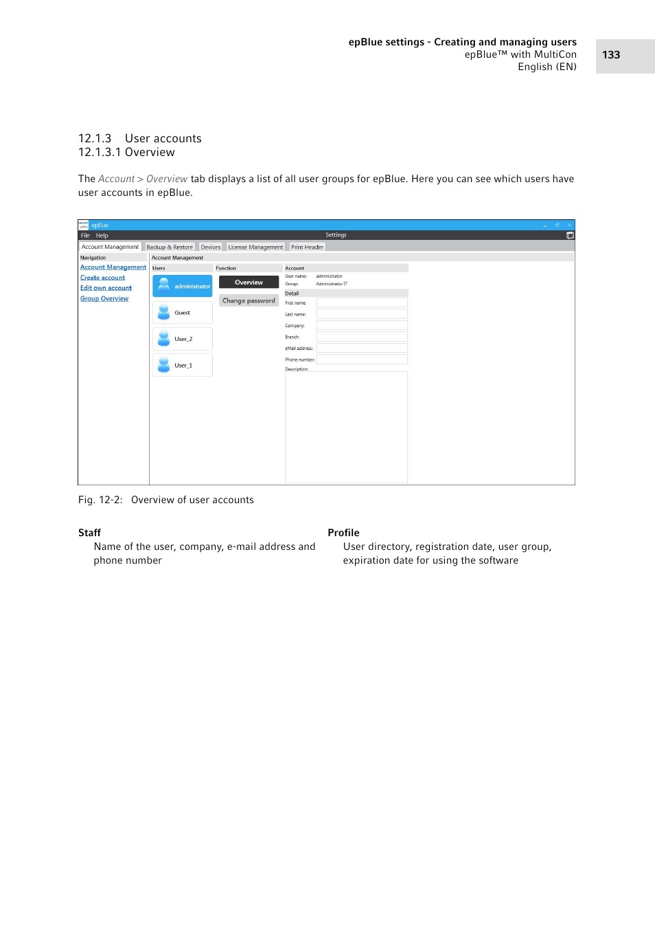 3 user accounts, User accounts | Eppendorf epBlue with MultiCon User Manual | Page 133 / 180