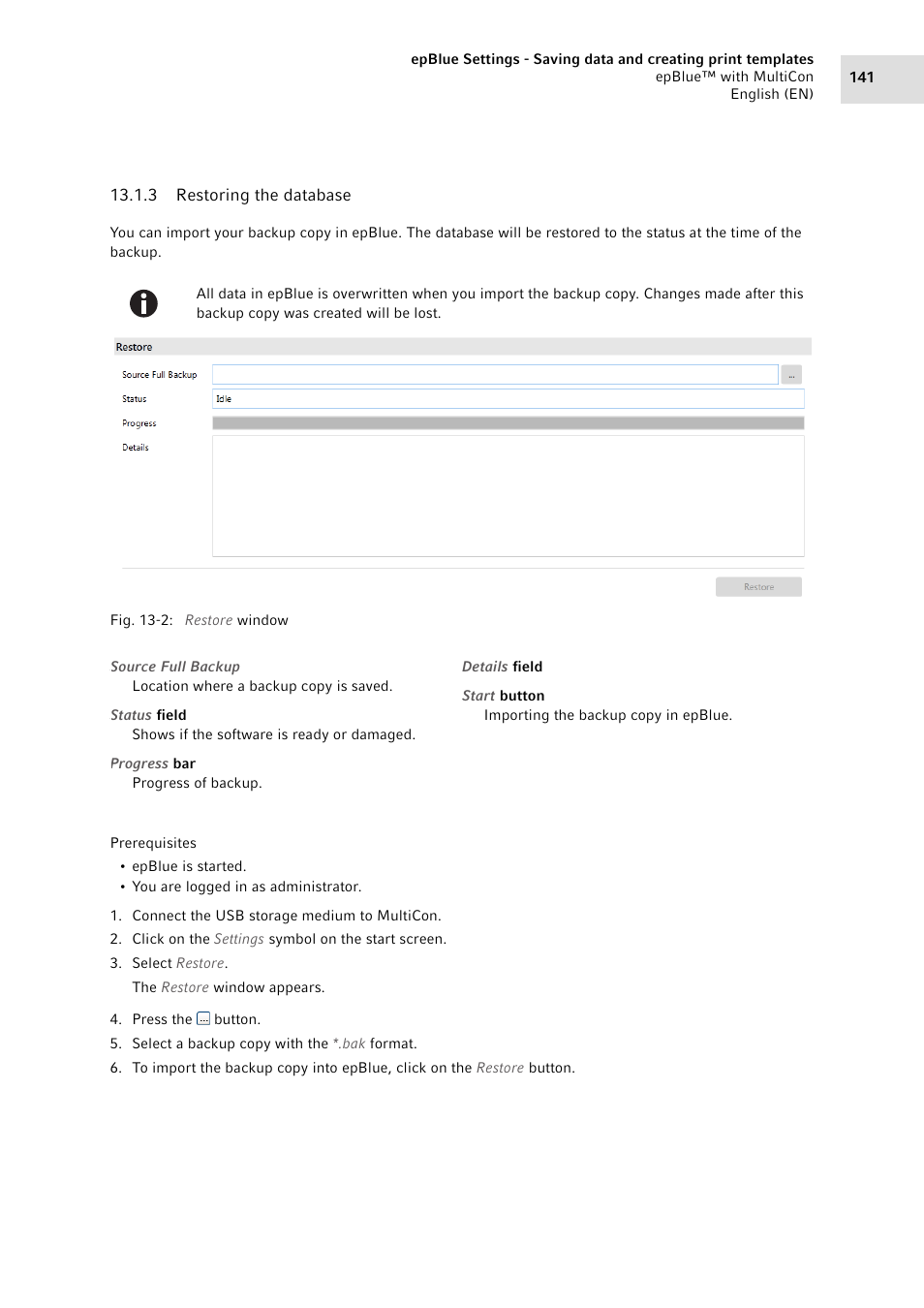 3 restoring the database, Restoring the database | Eppendorf epBlue with MultiCon User Manual | Page 141 / 180