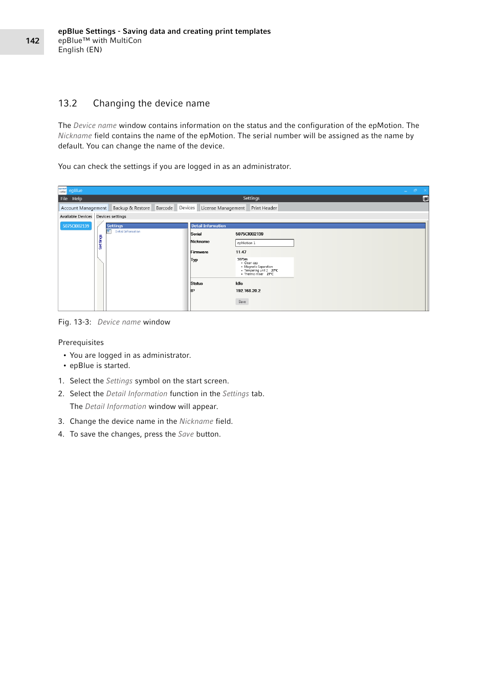2 changing the device name, Changing the device name | Eppendorf epBlue with MultiCon User Manual | Page 142 / 180