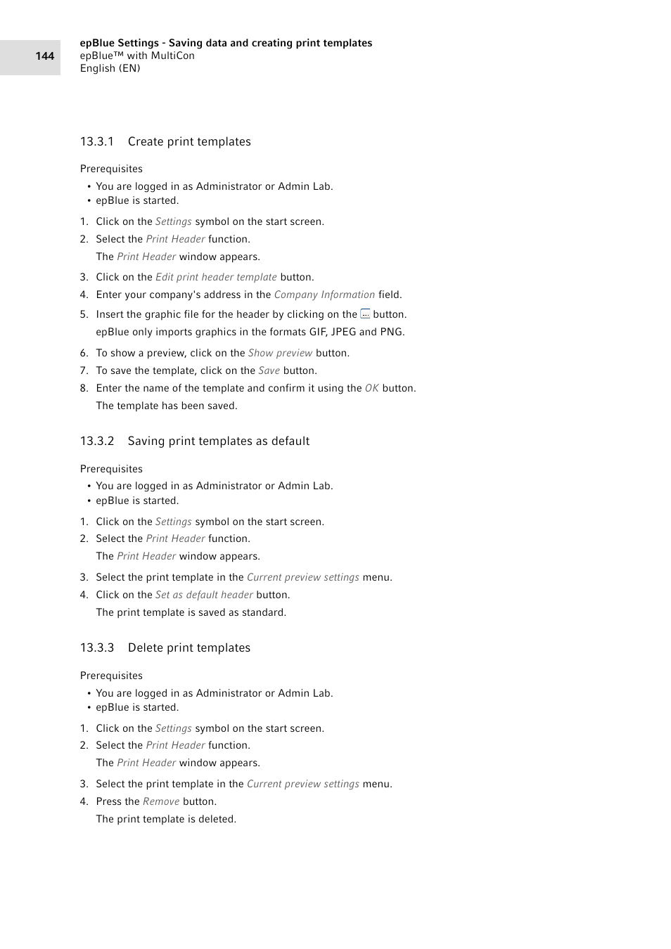 1 create print templates, 2 saving print templates as default, 3 delete print templates | Create print templates, Saving print templates as default, Delete print templates | Eppendorf epBlue with MultiCon User Manual | Page 144 / 180