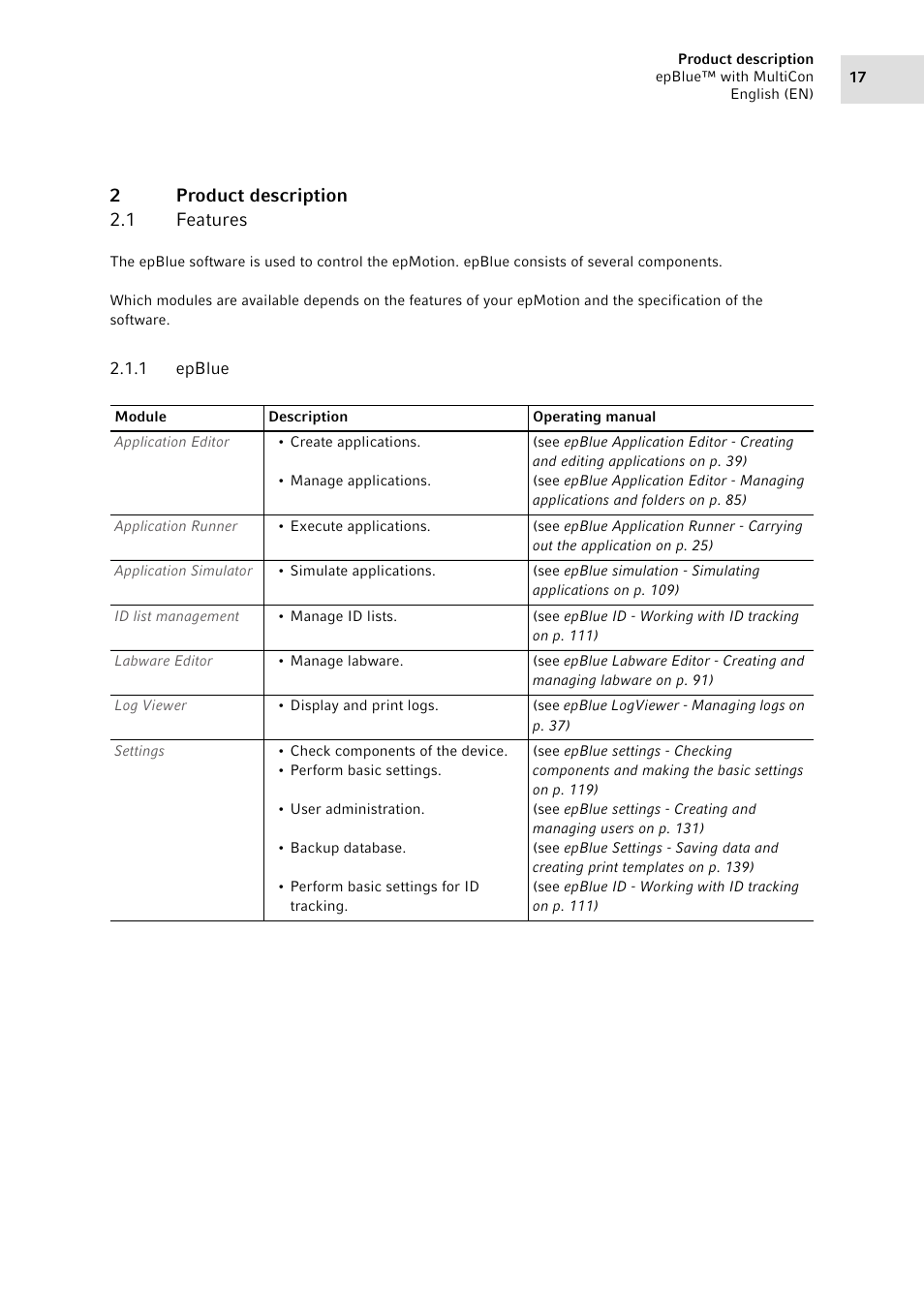 2 product description, 1 features, 1 epblue | Product description 2.1, Features 2.1.1, Epblue, 2product description 2.1 features | Eppendorf epBlue with MultiCon User Manual | Page 17 / 180