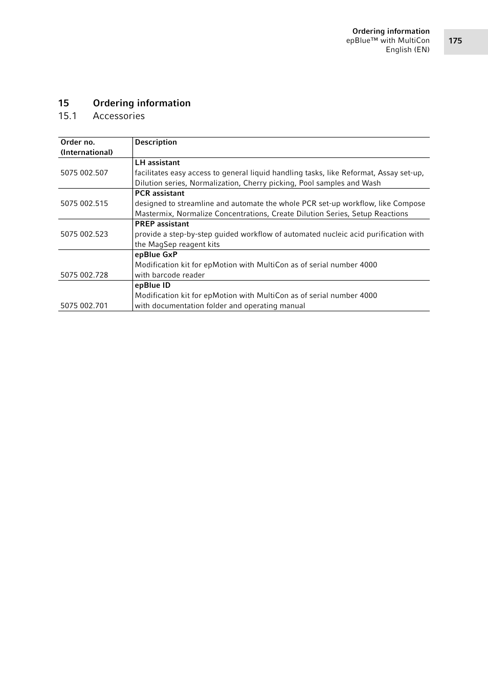 15 ordering information, 1 accessories, Accessories | Eppendorf epBlue with MultiCon User Manual | Page 175 / 180