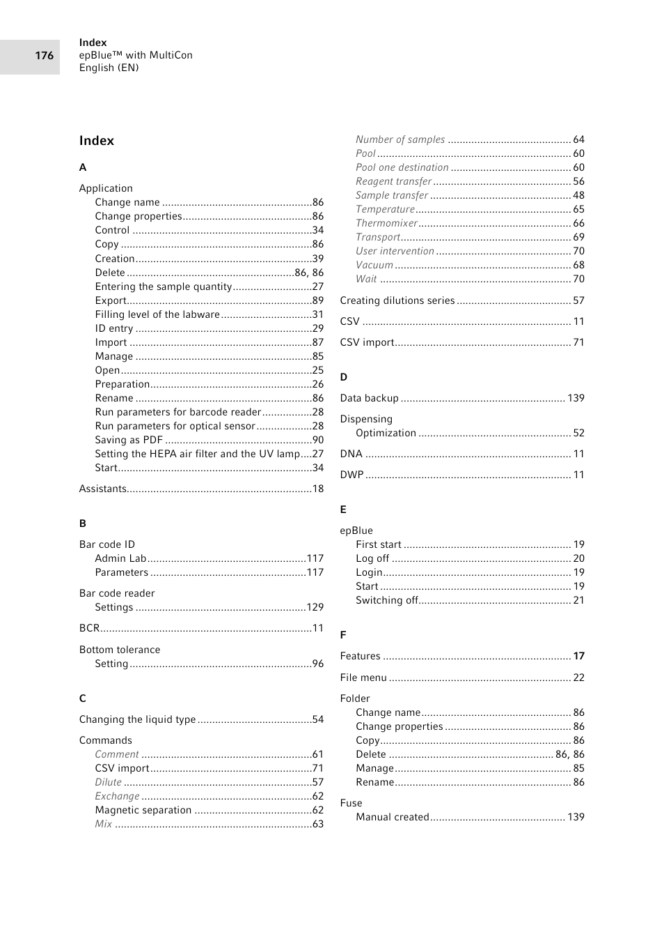Index | Eppendorf epBlue with MultiCon User Manual | Page 176 / 180