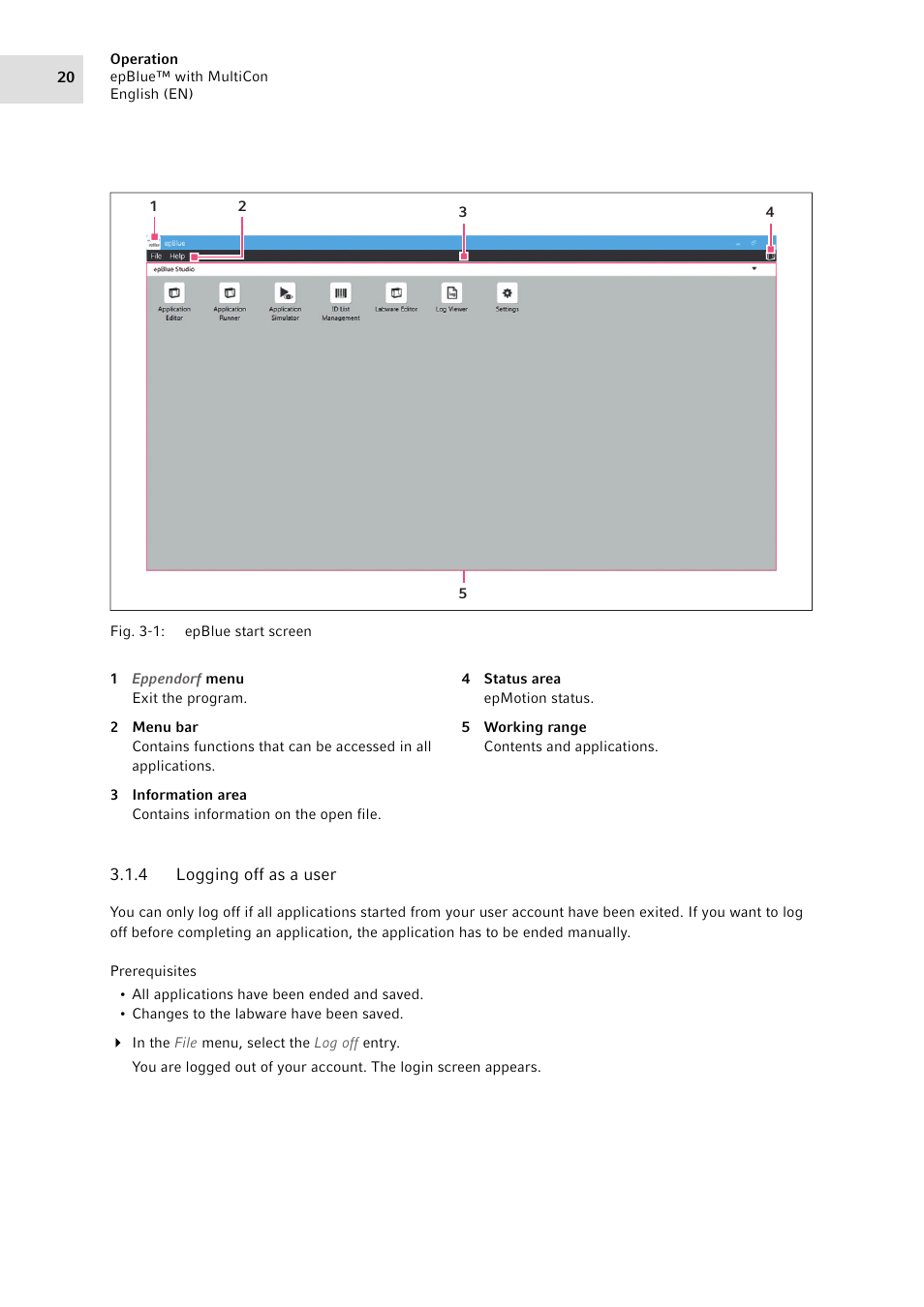 4 logging off as a user, Logging off as a user | Eppendorf epBlue with MultiCon User Manual | Page 20 / 180