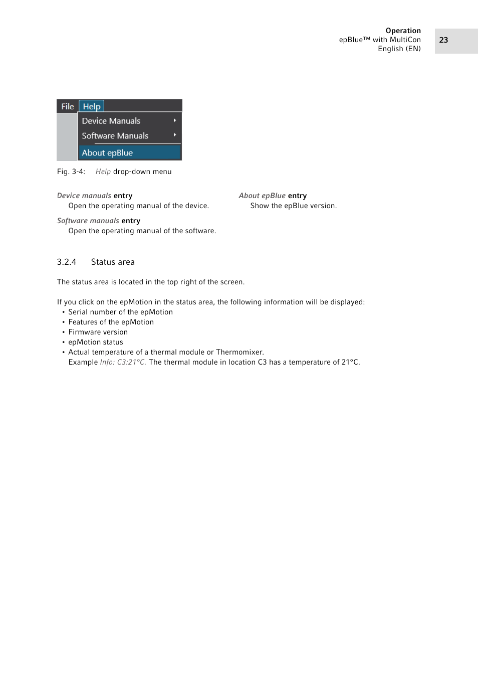 4 status area, Status area | Eppendorf epBlue with MultiCon User Manual | Page 23 / 180