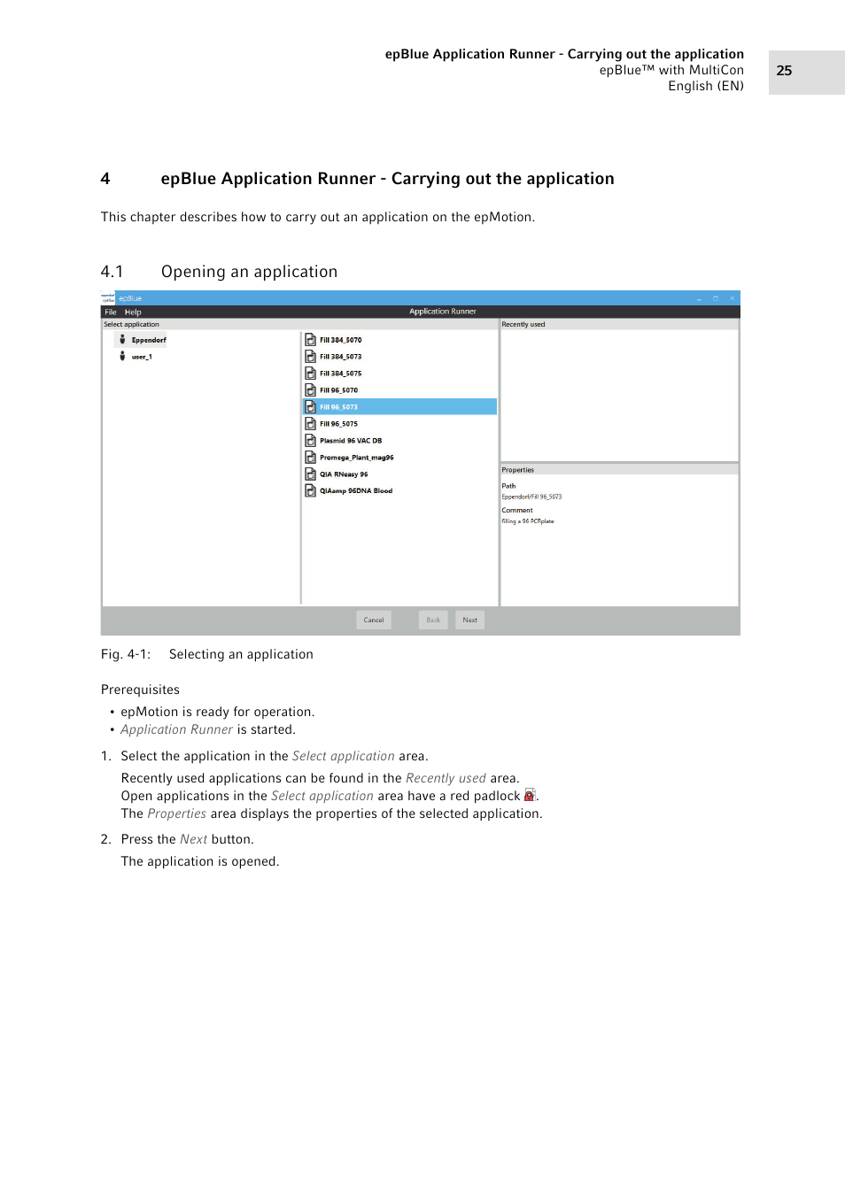 1 opening an application, Opening an application | Eppendorf epBlue with MultiCon User Manual | Page 25 / 180