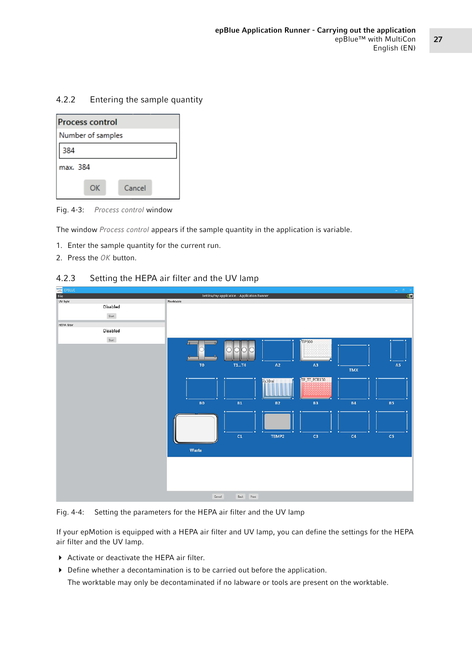 2 entering the sample quantity, 3 setting the hepa air filter and the uv lamp, Entering the sample quantity | Setting the hepa air filter and the uv lamp | Eppendorf epBlue with MultiCon User Manual | Page 27 / 180